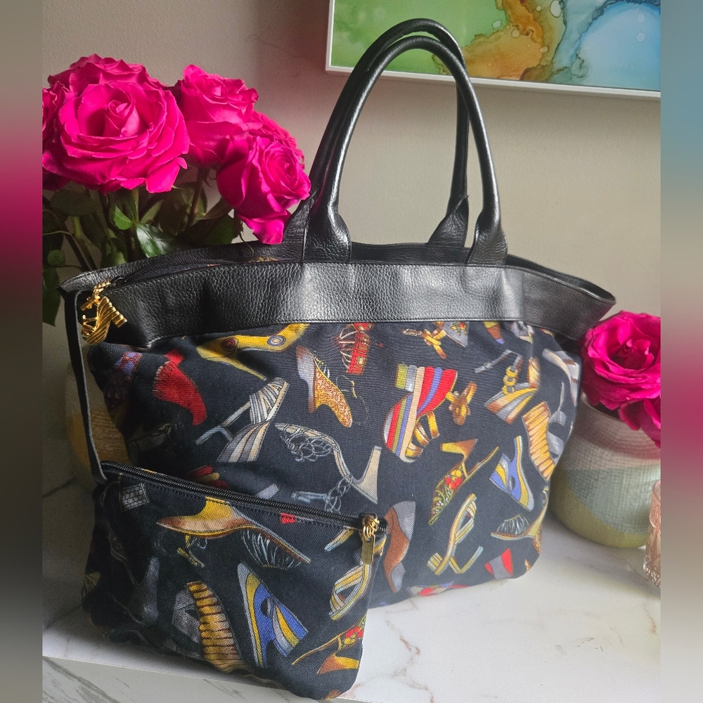 Vintage Salvatore Ferragamo Summer Heel Canvas Tote Shoulder Bag